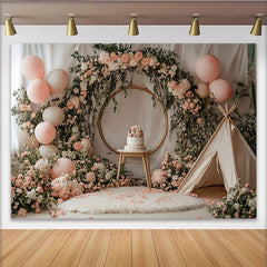 Lofaris Toile de fond pour anniversaire floral avec ballons roses et arche dorée, arrière-plan de photographie pour studio avec fleurs