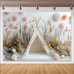 Lofaris Toile de fond de photographie bohème fleurie avec tente tipi, décor naturel pour séance photo bébé et enfants