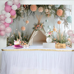 Lofaris Toile de fond de photographie nature avec tipi et fleurs pastel, magnifique décor bohème avec pompons pour studio photo