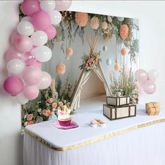 Lofaris Toile de fond de photographie nature avec tipi et fleurs pastel, magnifique décor bohème avec pompons pour studio photo