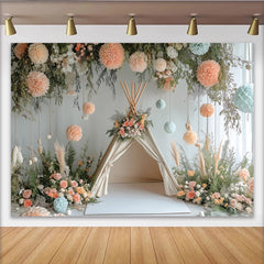 Lofaris Toile de fond de photographie nature avec tipi et fleurs pastel, magnifique décor bohème avec pompons pour studio photo