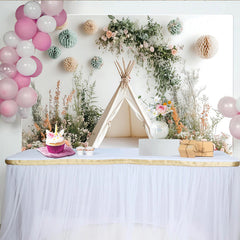 Lofaris Toile de fond de photographie tipi et fleurs pastel avec verdure, élégant décor d'ambiance naturelle pour séance photo de bébé