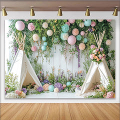 Lofaris Toile de fond de photographie jardin printanier avec tipis et fleurs pastel, décor rustique pour studio photo et portraits