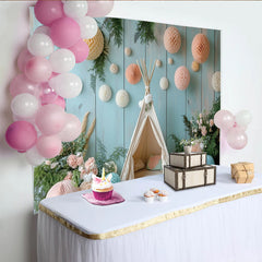 Lofaris Toile de fond de photographie bohème pour bébé avec tipi et boules, arrière-plan en bois bleu pour studio photo et baby shower