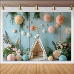 Lofaris Toile de fond de photographie bohème pour bébé avec tipi et boules, arrière-plan en bois bleu pour studio photo et baby shower