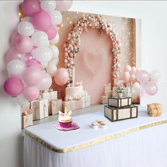 Lofaris Toile de fond pour anniversaire rose avec ballons et cœur élégant, magnifique décor de fête pour séance photo et célébration