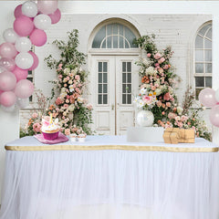 Lofaris Toile de fond de mariage florale avec porte blanche et roses roses et pêche, décor mural en briques pour séance photo romantique