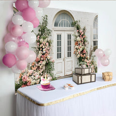 Lofaris Toile de fond de mariage florale avec porte blanche et roses roses et pêche, décor mural en briques pour séance photo romantique