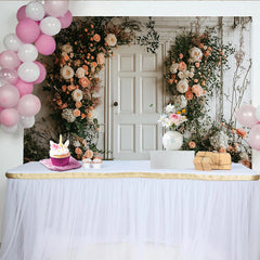 Lofaris Toile de fond de photographie florale élégante avec porte blanche et roses pêche, décor pour studio photo ou événement romantique
