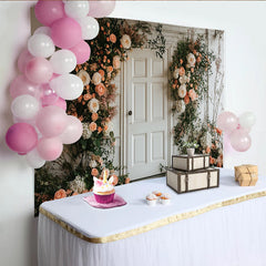 Lofaris Toile de fond de photographie florale élégante avec porte blanche et roses pêche, décor pour studio photo ou événement romantique