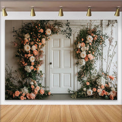 Lofaris Toile de fond de photographie florale élégante avec porte blanche et roses pêche, décor pour studio photo ou événement romantique