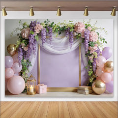 Lofaris Toile de fond pour anniversaire floral avec hortensias roses et glycines violettes, élégant décor de fête pour studio photo