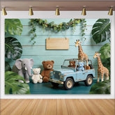 Lofaris Toile de fond pour baby shower safari avec jeep vintage et animaux en peluche, magnifique décor de jungle pour séance photo enfants