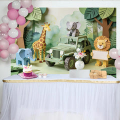 Lofaris Toile de fond pour baby shower safari avec animaux en papier et jeep, décor de jungle pour anniversaire enfant et studio photo