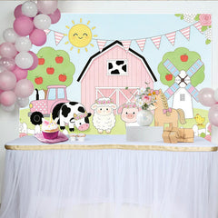 Lofaris Toile de fond pour anniversaire animaux de la ferme rose et mignonne avec tracteur et grange, magnifique décor de fête
