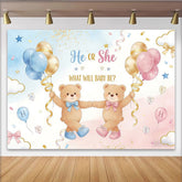 Lofaris Toile de fond pour baby shower révélation de genre avec oursons et ballons bleus et roses, décor de fête prénatale pour studio photo