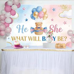 Lofaris Toile de fond pour baby shower révélation de genre, ours et ballons, arrière-plan bleu et rose pour fête prénatale et studio photo