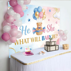 Lofaris Toile de fond pour baby shower révélation de genre, ours et ballons, arrière-plan bleu et rose pour fête prénatale et studio photo