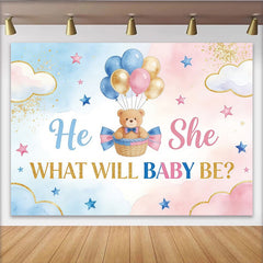 Lofaris Toile de fond pour baby shower révélation de genre, ours et ballons, arrière-plan bleu et rose pour fête prénatale et studio photo