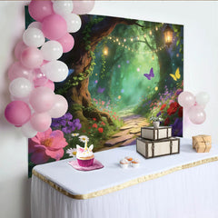 Lofaris Toile de fond de photographie forêt enchantée avec papillons et lumières féeriques, magnifique décor floral pour studio photo