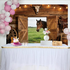 Lofaris Toile de fond de photographie western avec cheval et grange rustique en bois, décor de studio polyvalent pour portrait
