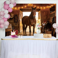 Lofaris Toile de fond de photographie western avec cheval et grange rustique, décor de ferme avec lumières et ambiance ranch pour studio