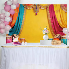 Lofaris Toile de fond de Diwali aux couleurs vives et tentures brodées, élégant décor de fête avec instruments pour studio photo