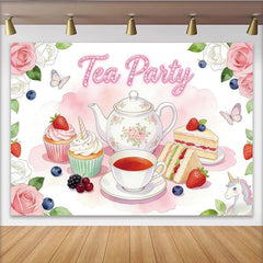 Lofaris Toile de fond rose pour anniversaire fête du thé avec licorne et gâteaux, charmant arrière-plan pour studio photo et décoration de fête
