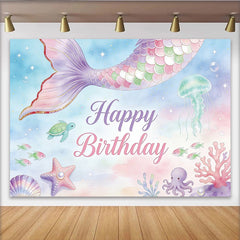 Lofaris Toile de fond pour anniversaire sirène pastel avec queue de sirène et étoiles, décor sous-marin magique pour fête d'enfants