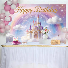 Lofaris Toile de fond pour anniversaire château de princesse arc-en-ciel, décor de fête magique avec nuages et paillettes dorées