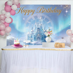 Lofaris Toile de fond Joyeux Anniversaire château féerique bleu et or avec horloge, magnifique arrière-plan de princesse pour fête d'enfants