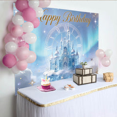 Lofaris Toile de fond Joyeux Anniversaire château féerique bleu et or avec horloge, magnifique arrière-plan de princesse pour fête d'enfants