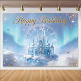 Lofaris Toile de fond Joyeux Anniversaire château féerique bleu et or avec horloge, magnifique arrière-plan de princesse pour fête d'enfants