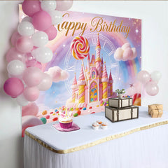 Lofaris Toile de fond joyeux anniversaire château de bonbons arc-en-ciel pour enfant, magnifique décor de fête avec sucettes et nuages