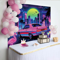 Lofaris Toile de fond de photographie rétro-futuriste ville néon voiture rose, arrière-plan vibrant style synthwave pour studio photo