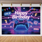 Lofaris Toile de fond anniversaire gaming néon avec manette de jeu et "Level Up", arrière-plan de fête pour studio photo