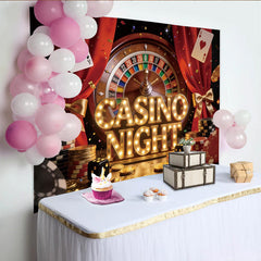 Lofaris Toile de fond soirée casino avec lumières, roulette et cartes à jouer, élégant arrière-plan de fête à thème avec jetons et dés