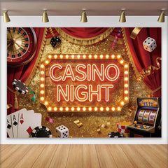 Lofaris Toile de fond soirée casino avec néon lumineux et rideaux rouges, magnifique décor de fête pour photographie et événement