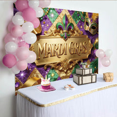 Lofaris Toile de fond de Mardi Gras avec masques dorés et paillettes violettes, magnifique décor festif avec perles et rubans pour événement
