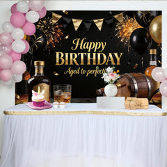 Lofaris Toile de fond joyeux anniversaire homme noir et or avec whisky et cigare, élégant décor de fête pour studio photo