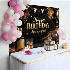 Lofaris Toile de fond joyeux anniversaire homme noir et or avec whisky et cigare, élégant décor de fête pour studio photo