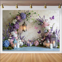 Lofaris Toile de fond de photographie jardin fleuri, hortensias et lavande, élégant arrière-plan romantique pour studio photo et événement