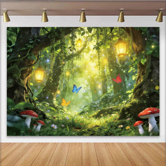 Lofaris Toile de fond de photographie forêt enchantée avec papillons et lanternes lumineuses, arrière-plan féerique pour studio photo