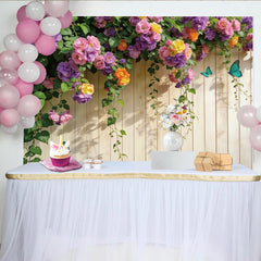 Lofaris Toile de fond de photographie florale colorée et papillons, élégant arrière-plan mural en bois pour studio photo printanier