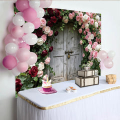 Lofaris Toile de fond de photographie jardin de roses vintage avec porte en bois, élégant arrière-plan floral pour studio photo ou événement