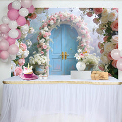 Lofaris Toile de fond de photographie florale et porte bleue avec roses roses et blanches, arrière-plan romantique pour studio photo