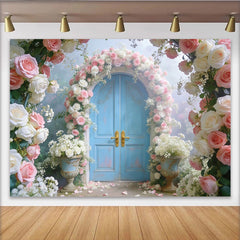 Lofaris Toile de fond de photographie florale et porte bleue avec roses roses et blanches, arrière-plan romantique pour studio photo