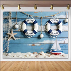 Lofaris Toile de fond de photographie thème marin avec bouées et bateau à voile, décor de plage rustique pour studio photo et fête d'été