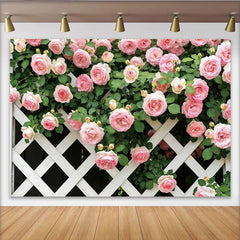 Lofaris Toile de fond de photographie florale avec roses roses et treillis blanc, élégant arrière-plan de jardin pour studio photo