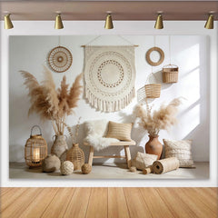 Lofaris Toile de fond de photographie bohème avec macramé et herbe de la pampa, élégant arrière-plan naturel pour studio photo
